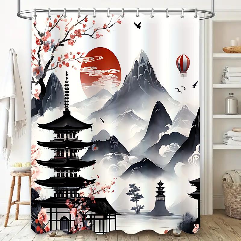 

Elegant Japanese Landscape Shower Curtain - Artistic Mountain And Pagoda Design For Home Decor - Waterproof And Durable W60H190(CM)-1 Pcs