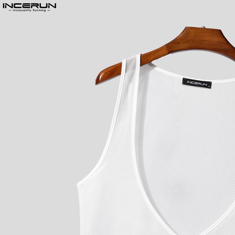 INCERUN Men Deep U Neck Sleeveless Mesh See Through Party Beach Tank Tops