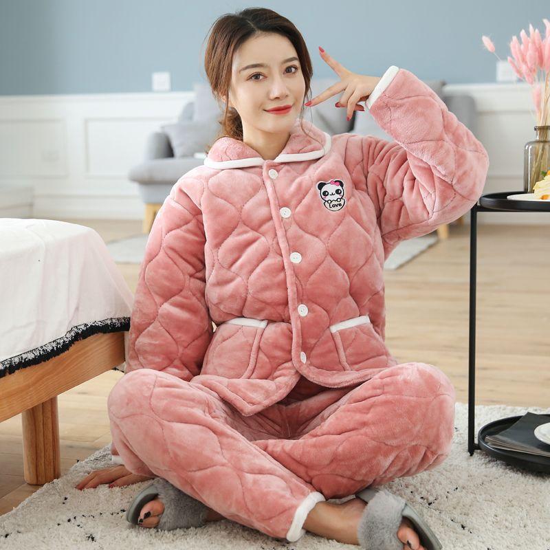 Pajamas women's three-layer thickened and cute winter can wear large-size warm padded loungewear