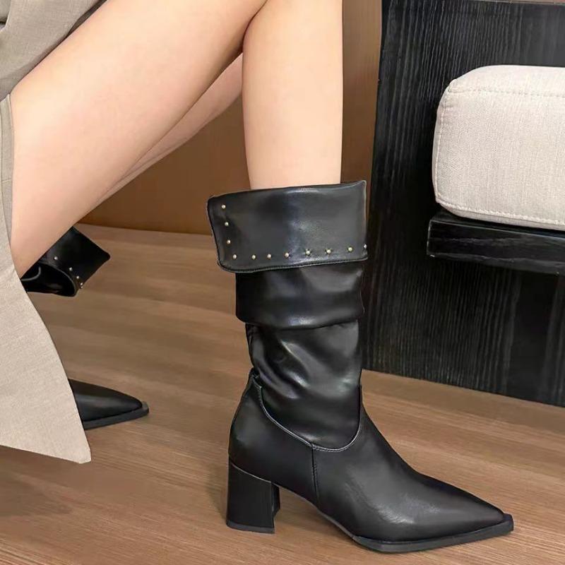 Turned Over Edge Pointed Toe Modern Boots Mid-calf Square Heel Ladies Shoes on Sale 2024 High Quality Slip-on Mid Heel Boots