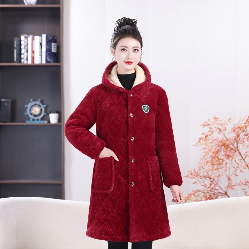 

Women s Mid-Length Cotton Jacket - Autumn/Winter Outerwear, Loose Fit, Cold Protection, Home Wear, Cover-Up, Keep Warm 3XL (120-135 jin) вина червоного кольору