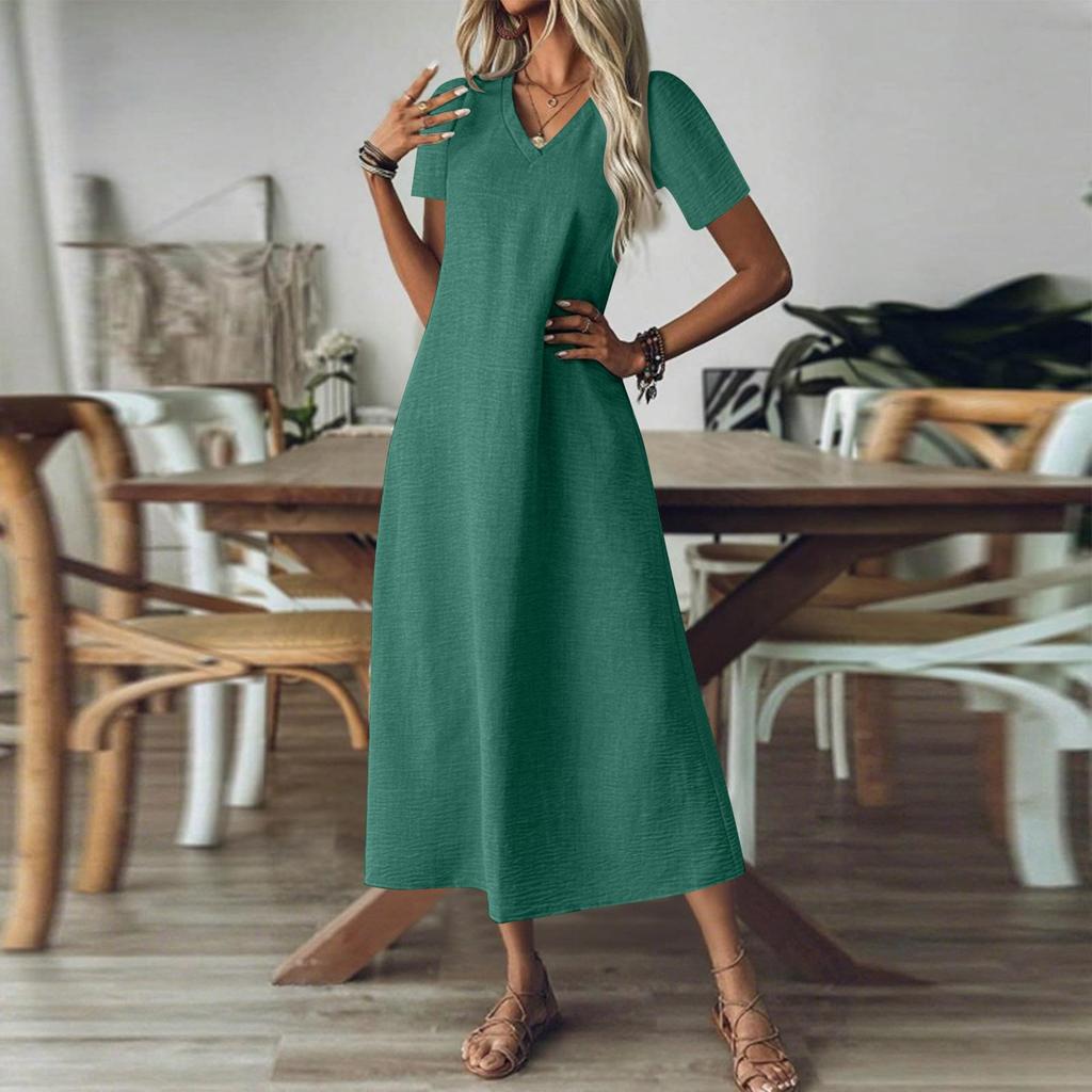 Women's V-Neck Short Sleeve Ankle-Length Maxi Dress In 12 Colors, Casual Loose Fit with Crossbody Bag