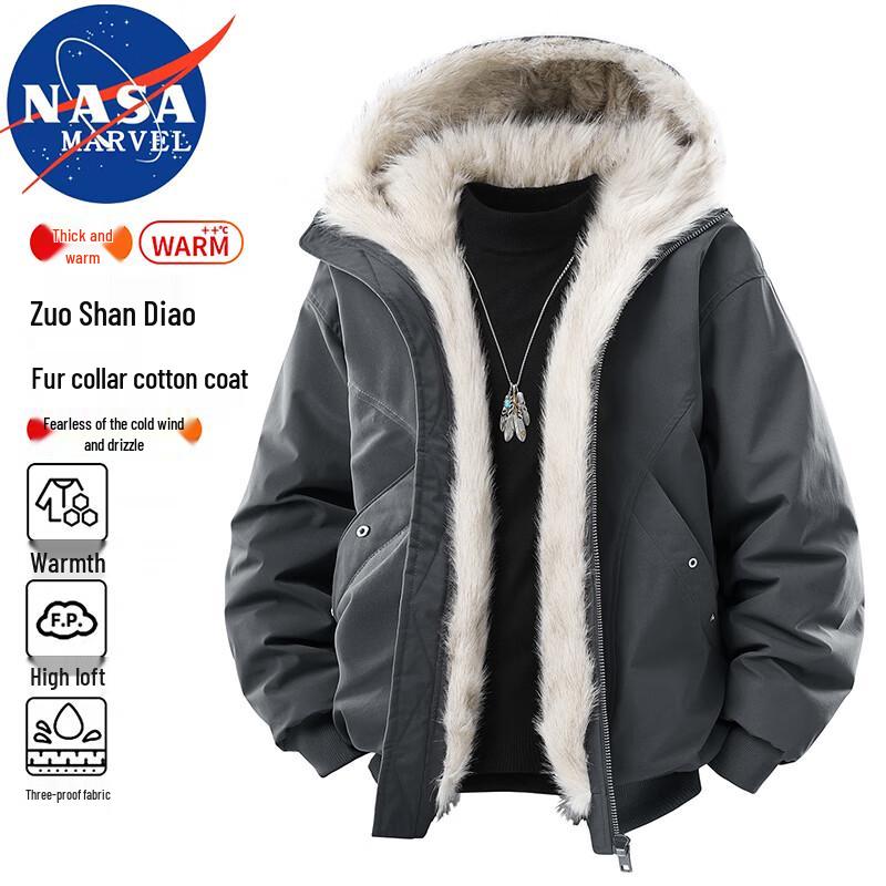 NASA MARVEL Men's Hooded Winter Fleece-Lined Padded Jacket with Fur Collar
