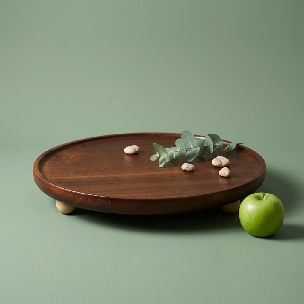 Round Acacia Tray Shallow Rim Wooden Serving Raised Feet for Entryway