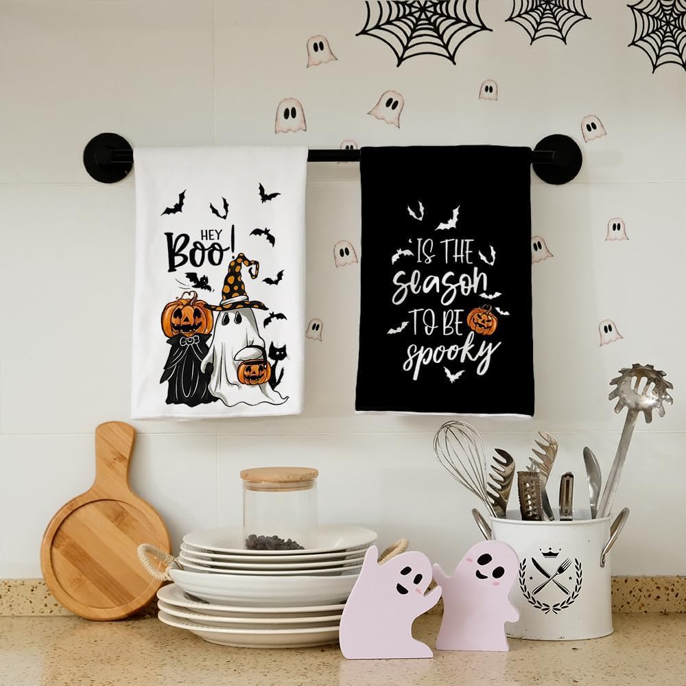 ARKENY Pumpkin Ghost Halloween Kitchen Towels Set of 2,Black Bat Boo Dish Towels 18x26 Inch,Farmhouse Home Indoor Vintage Party Decoration AD394