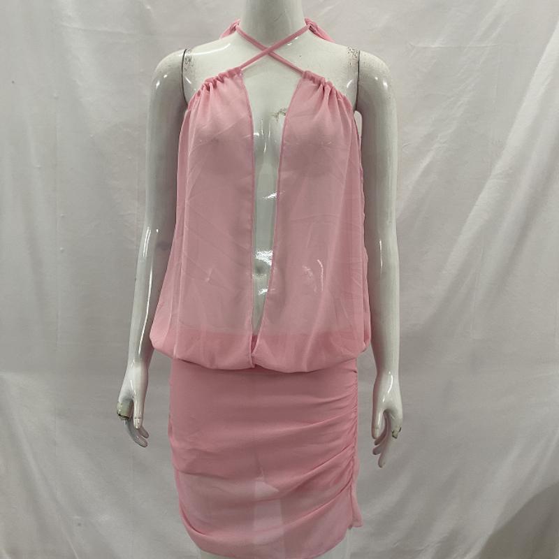European and American summer women s sexy and fashionable cross tied lace up drape mesh pleated pink dress S