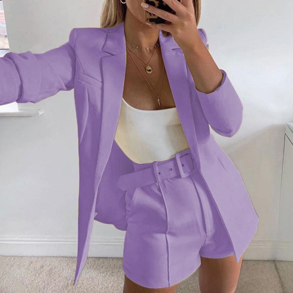 Women's Slim Fit Two Piece Suit Lapel Long Sleeve Blazer High Waist Belted Short Co-ord Outfit Set