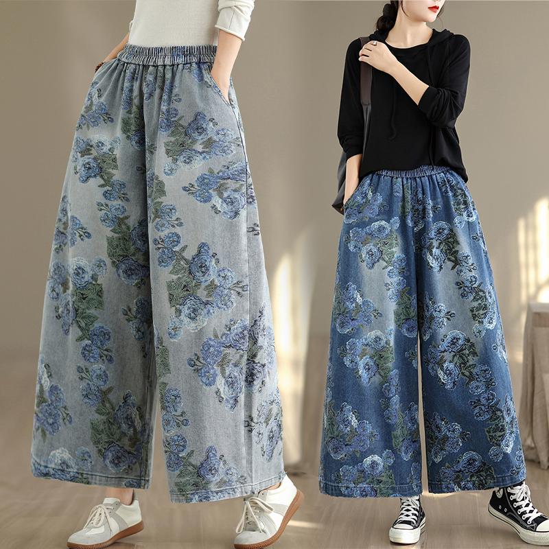 DIMANAF Plus Size Autumn 2025 Jeans New Long Pants Women Loose Denim Trousers Big Size Casual Floral Print