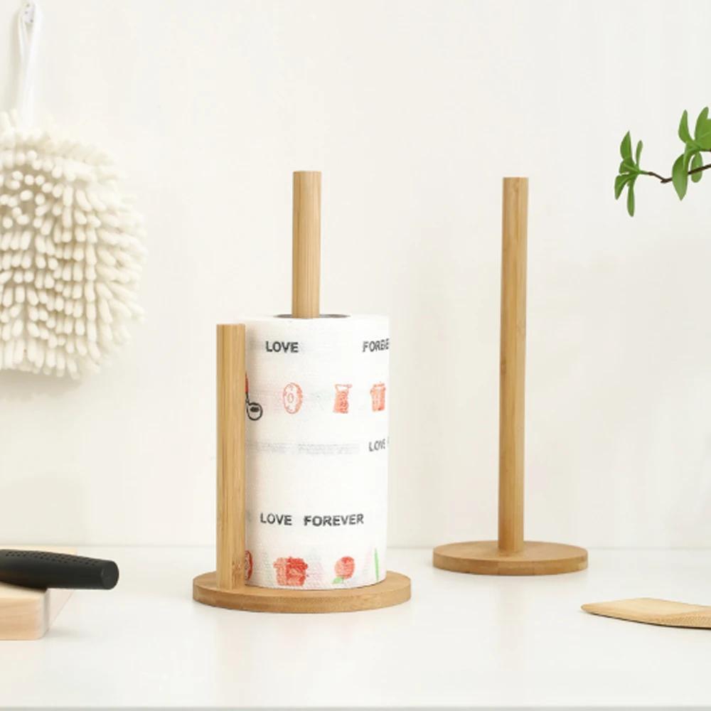 Bamboo Paper Towel Holder Kitchen Dining Room Vertical Wooden Paper Roll Organizer Cling Film Holder Lazy Rag Holder