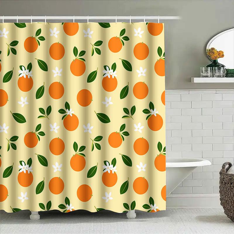 Orange Shower Curtain With Lemon Print, Green Leaves White Flowers Bath Decor For Bathroom Polyester Fabric Shampoo Caddy Bag Wi