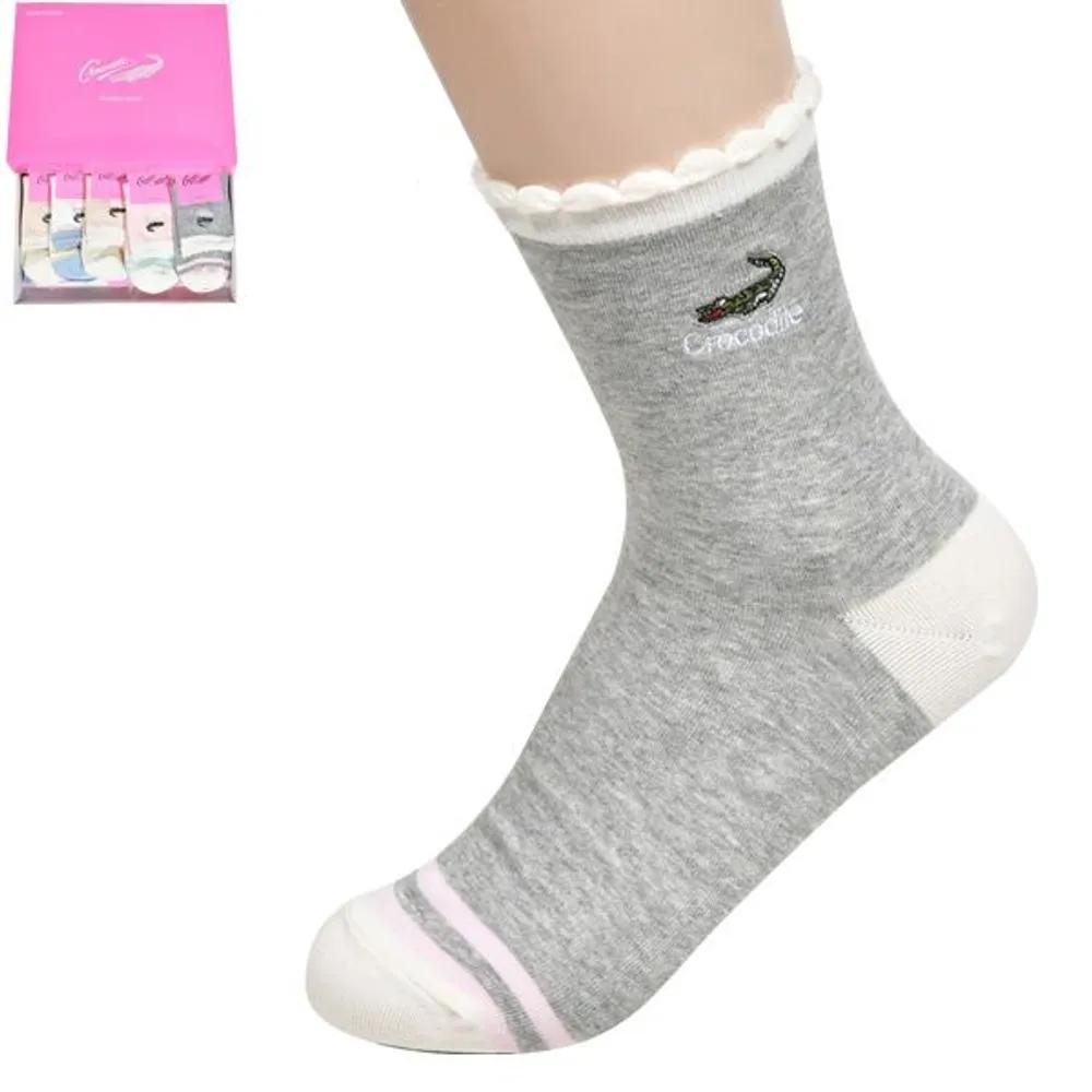 Crocodile Lovely Ankle Point Women s Romantic Embroidered Mid-Calf Socks 24cm - Random Shipping (5 Pairs)
