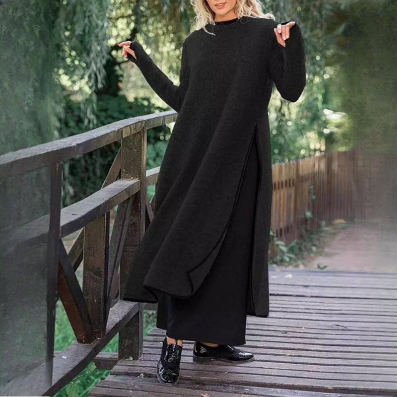 GMXIA Herbst Locker Große Größe Gestrickte Spitze Langes Kleid Gepolstertes Sweatshirt Freizeitkleider