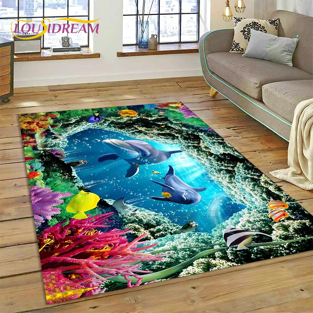 3D Illusion Underwater World Seabed Shark Dolphin Cartoon Carpet Rug for Bedroom Living Room Sofa Decoration,Kid Decor Floor Mat