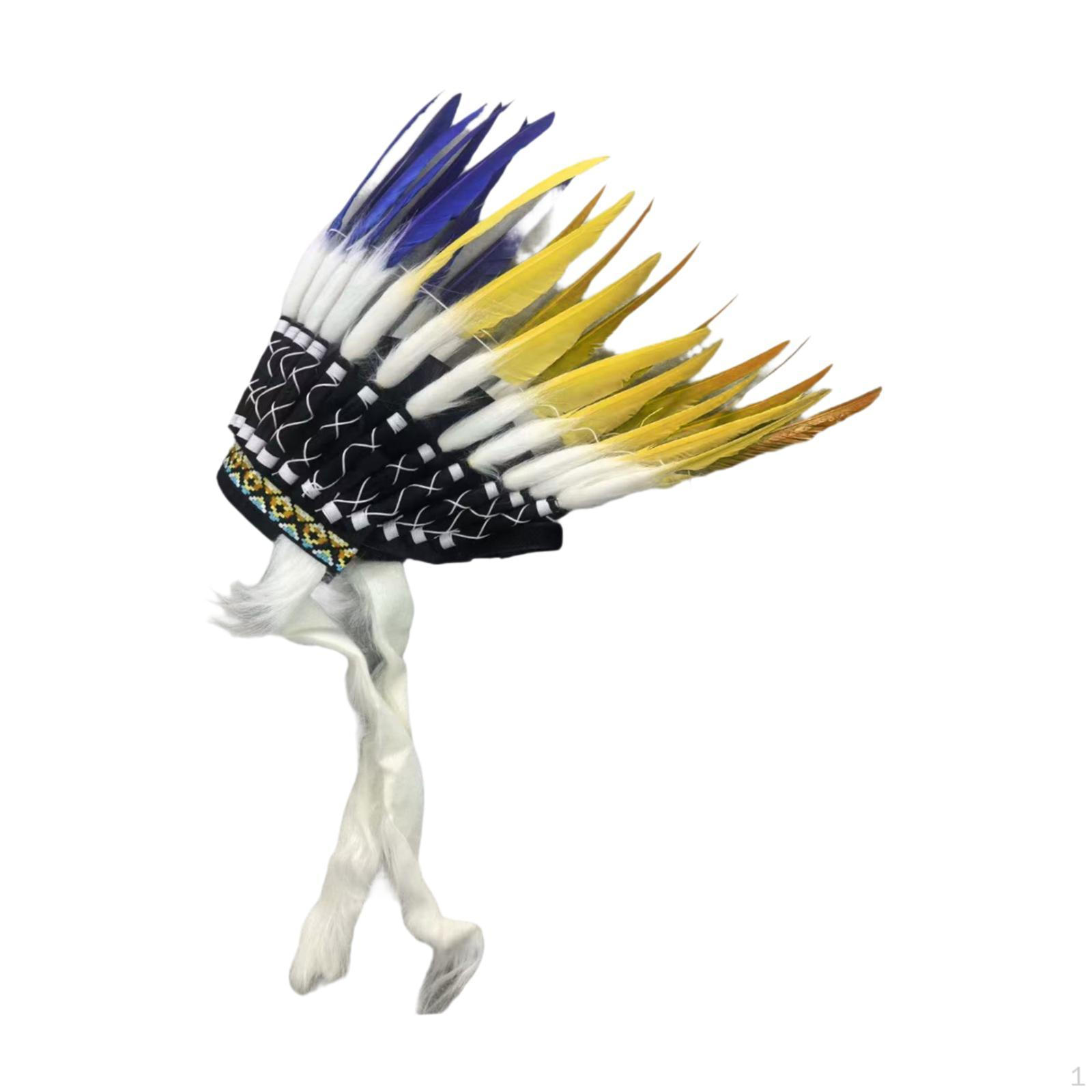 American Chief Indian Native Hat Artificial Feather Headdress for Halloween Red Yellow Blue