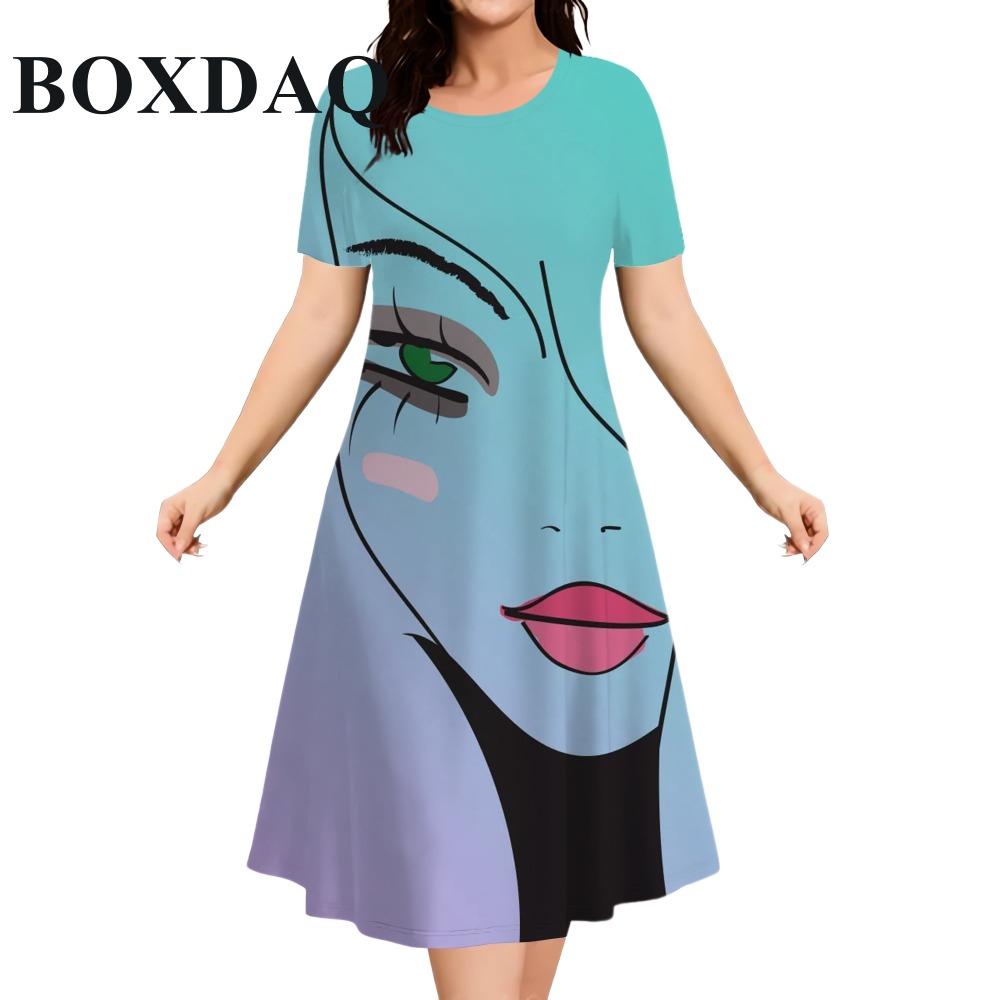 Women's Short Sleeve O-Neck Painting Face Abstract Print Dress 2026 Summer New Loose Plus Size Mini Dresses Ladies Fashion Dress