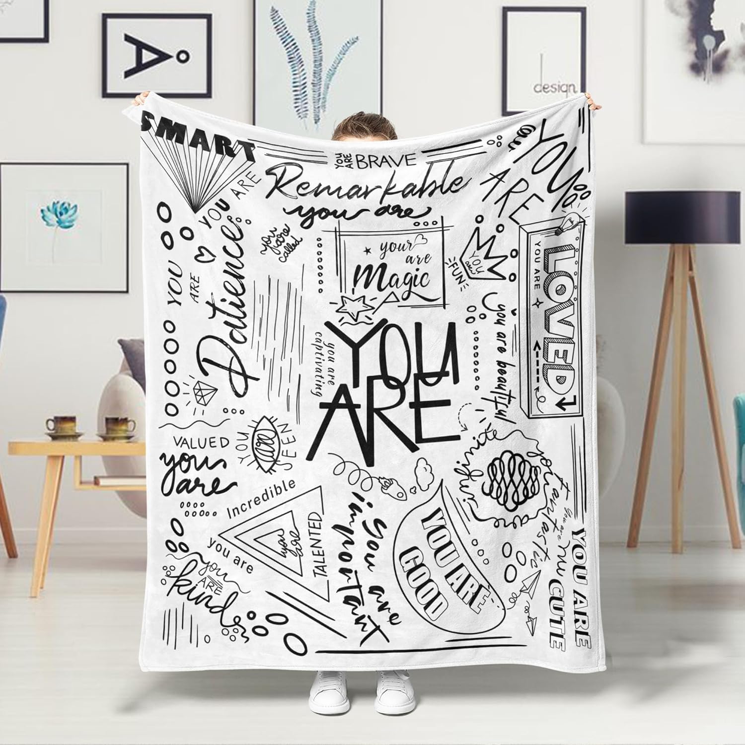 

Kanuyee Inspirational Quote Throw Blanket Positive Words for Cozy Decor Nap Gift for Teens Kids Students College Dorm White Blac 100x150cm