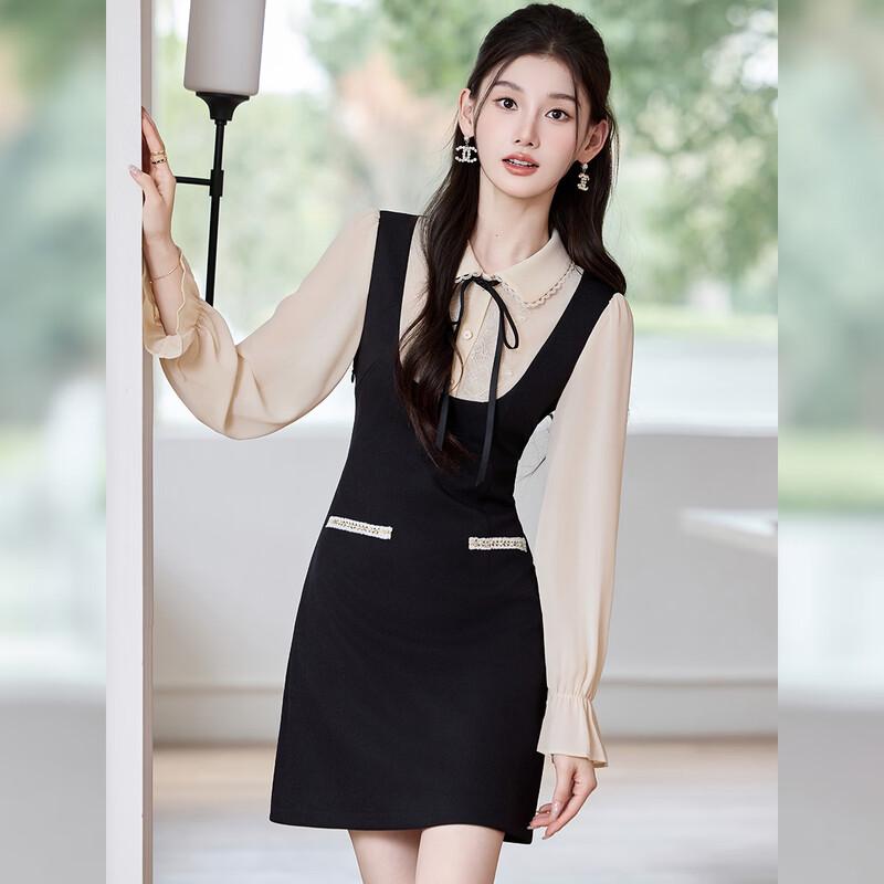 Women's Doll Collar Faux Two-Piece Midi Shirt Dress