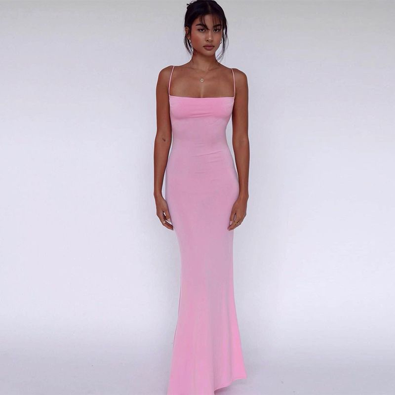 

Slim Fit Backless Solid Color Dress Sling Pink L