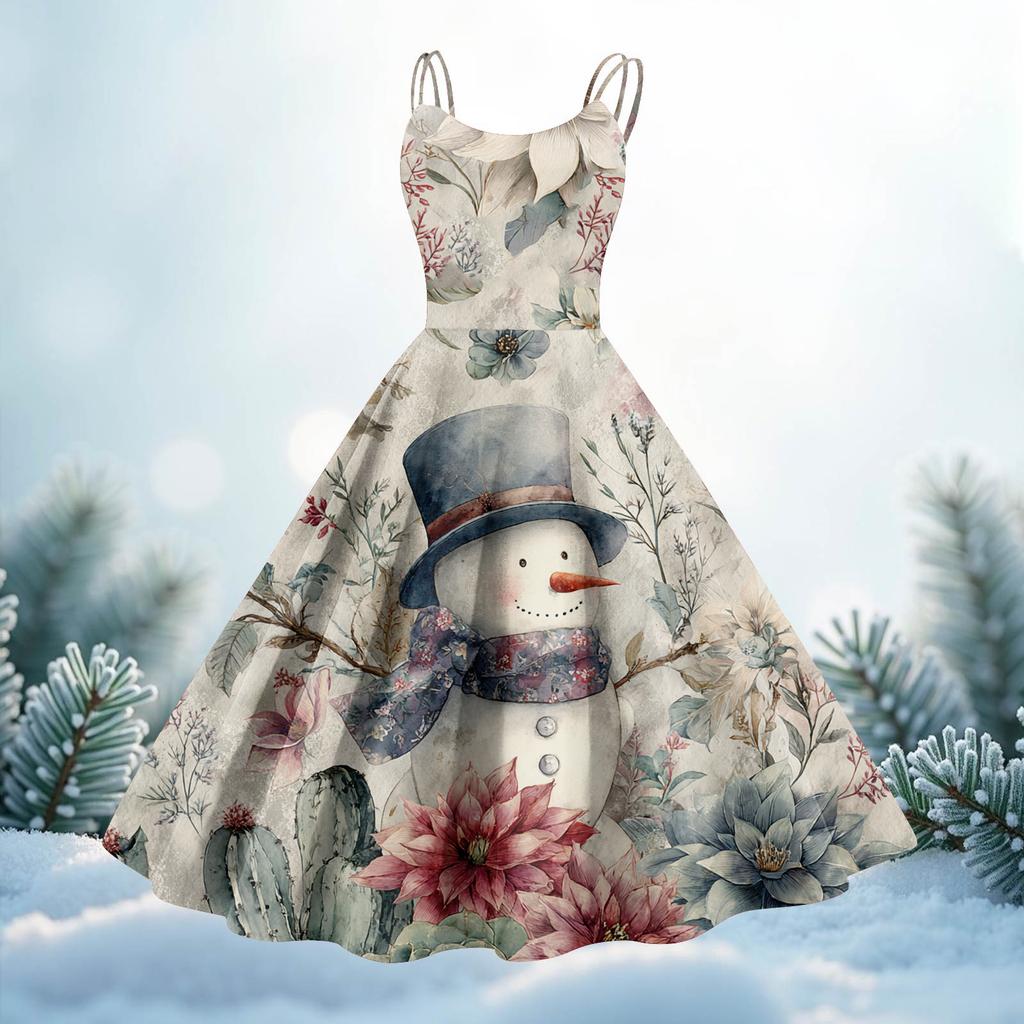 Women's Christmas Print Casual Fashion Round Neck Mid-Length Dress