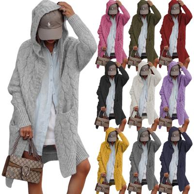 Damen Strickpullover Langstrickjacke Offene Schaljacke mit Kapuze und Taschen für Herbst Winter (Übergröße)