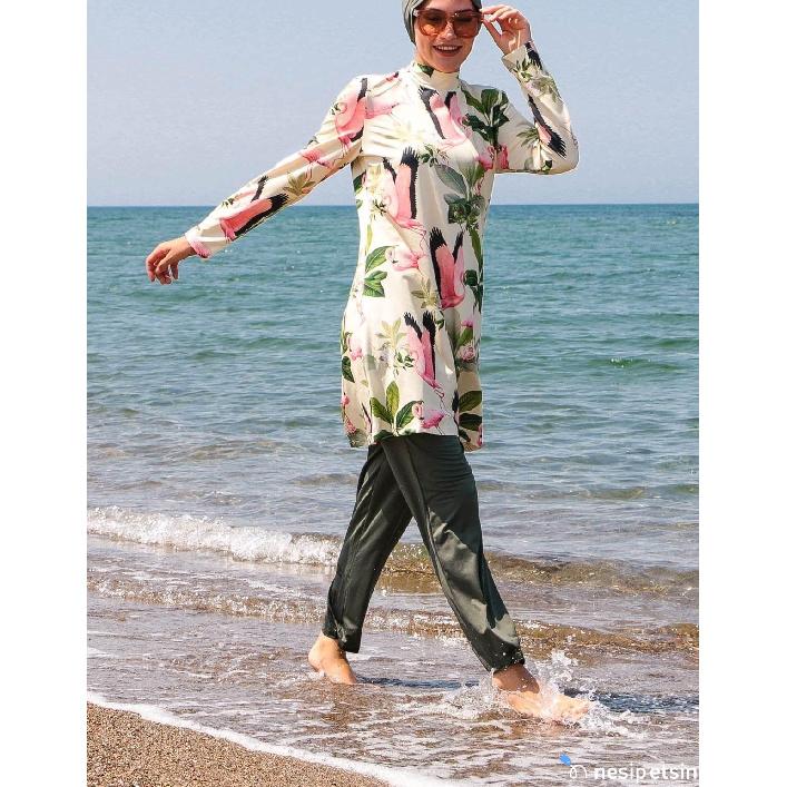 Neuer 2-teiliger muslimischer Damenbadeanzug mit vollständiger Bedeckung, Burkini-Oberteil und Hosen-Set, modischer bedruckter Badeanzug für Damen, vollständiger muslimischer Damenbadeanzug, bescheiden