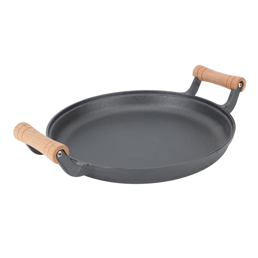 BBQ Grill Pan with Dual Wooden Handles Round Cast Iron Steak Frying Meat Roasting Skillets for