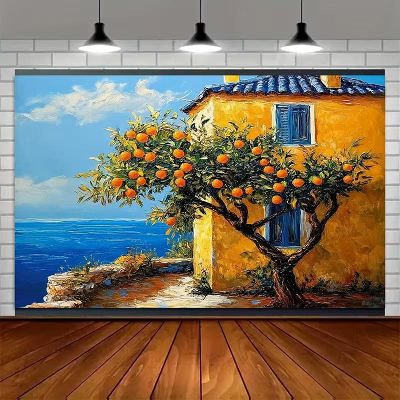 2D Vibrant Mediterranean Scenery Backdrop Orange Tree Yellow House & Sea Studio Background