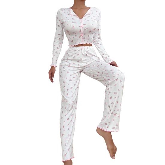 Pajama Set for Women Cherry Print Long Sleeve Crop Top And Long Pants Loungewear Casual 2 Piece Pjs Sleepwear Set