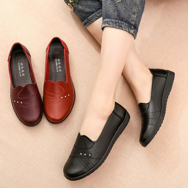 One-step Mother Shoes, Single Shoes, Women's Shoes, Soft-soled Non-slip Breathable Leather Shoes, Flat-bottomed Women's Shoes, Spring and Autumn