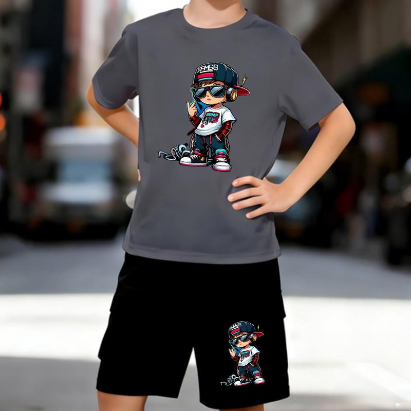 Boys 2 Piece Hip-hop Style Printed Outfit, Short Sleeve T-Shirt and Shorts Set for Kids Age 5-14,Black and White Sporty Casual Summer Clothes