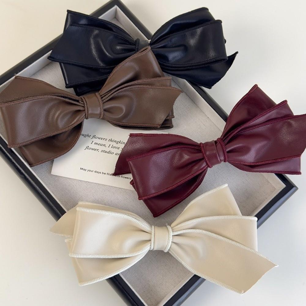 Soft Leather Bow Hair Clips Non-Slip Hair Accessories Elegant Ponytail Holder Women
