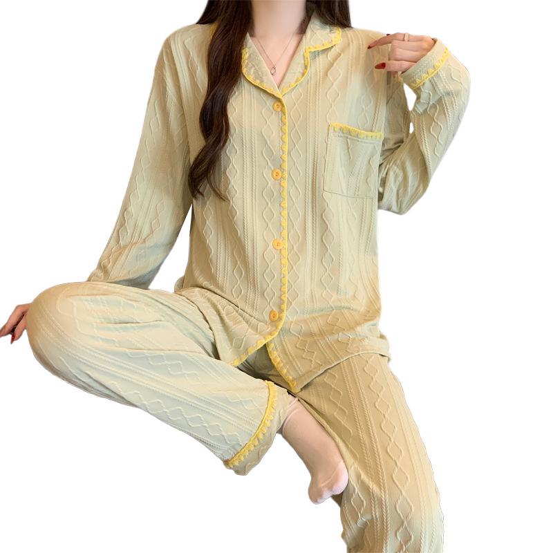 Niche afslappet pyjamas til kvinder, forår, langærmet, ensfarvet, imiteret bomuld, jacquard, løstsiddende loungewear, skalkant, todelt sæt