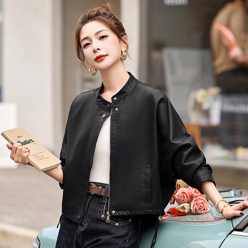 Women's Casual PU Leather Jacket with Stand Collar, Spring/Autumn 2025, Loose Fit, Small Size, XG9961