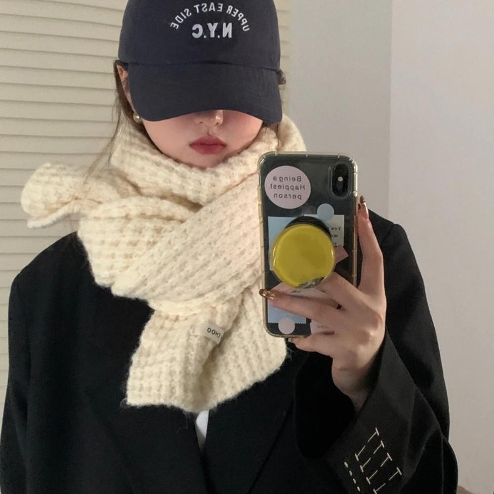 Thickened Knitted Wool Scarf Solid Color Labeling Knitted Yarn Scarf Cold Protection Warm Neck Warmer Cold Weather белый