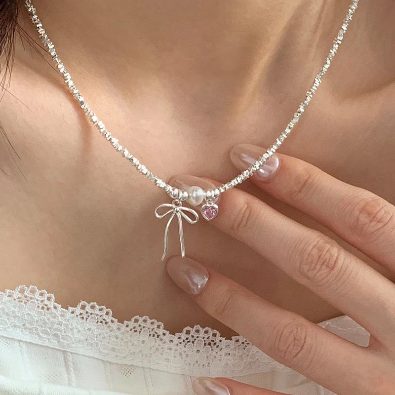S925 Sterling Silver Pink Heart Bow Pearl Bracelet for Women