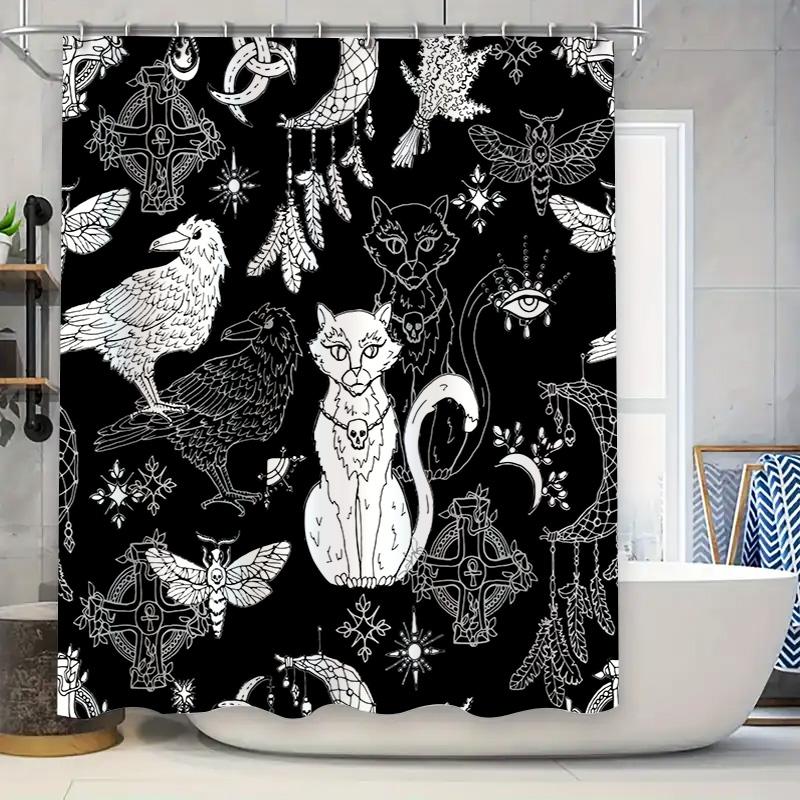 

Cat Gothic Black White Shower Curtain for Bathroom Decor Witches Cats, Birds, and Moth Design with Moon Cross Symbolism 90x180cm