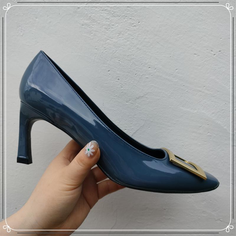 Lady Ww Classic Rv Square Buckle Small Square Head Shallow Mouth High Heels Women's Autumn and Winter New Thick Heel Flat Bottom Commuter Shoes