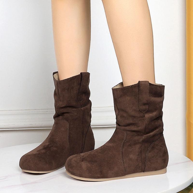 Suede short boots, women's pleated pile boots, round toe winter western denim fashionable women's boots