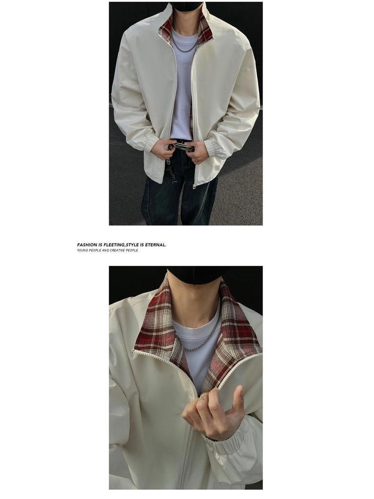 Men's Fall/Winter Plaid Patchwork Stand Collar Jacket - Trendy American High Street Style, Cool & Loose Lapel Coat