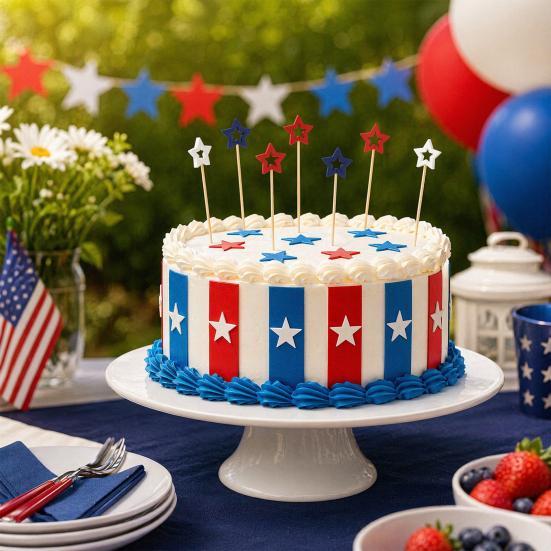 100 Stück Bambus-Zahnstocher, Rot Weiß Blau Stern Cocktail-Spieße, 4,7 Zoll Vorspeisen-Spieße für Burger Sandwiches Charcuterie Obst-Snacks, Patriotisch