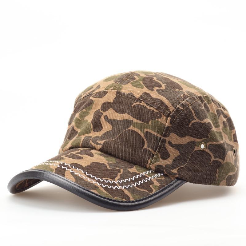 Fashion Hat vintage American camouflage leather edge baseball cap, unisex workwear style five-piece baseball cap, face-enhancing small bun cap