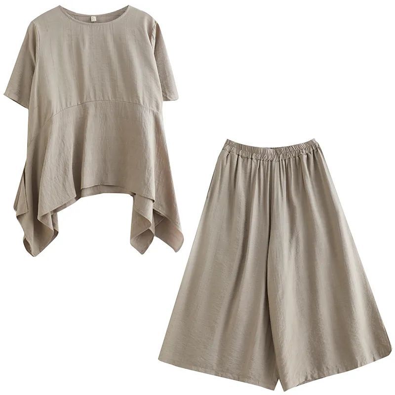 Plus Size Summer Outfit Two Piece Set Slimming Faion Casual Wide Leg Pants Ort Sve Cover Up Top Cotton Blend