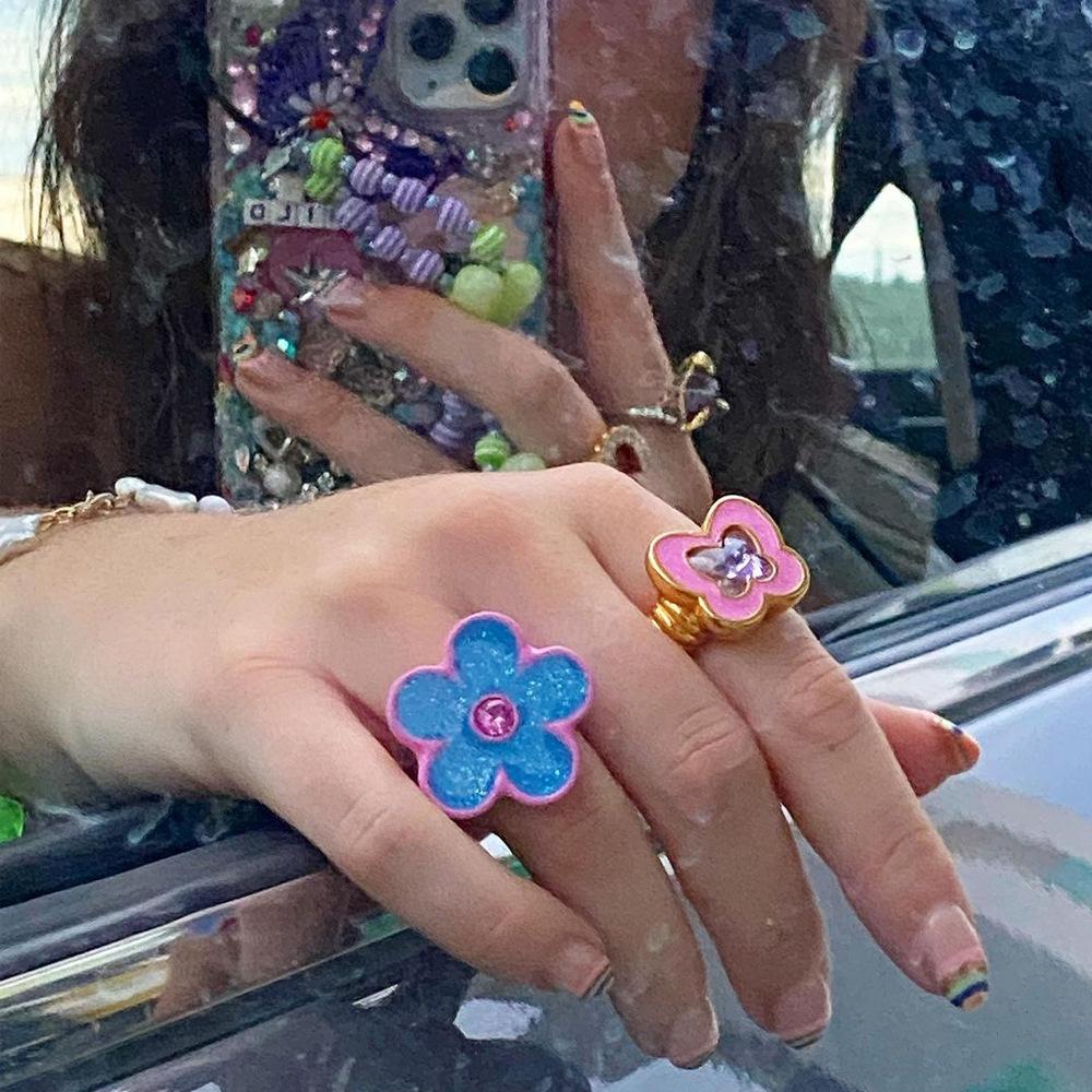 Colorful Glitter Enamel Flower Rings Y2K Fashion Floral Big Chunky Cocktail Ring for Women Girls Party Jewelry Ins Trendy New