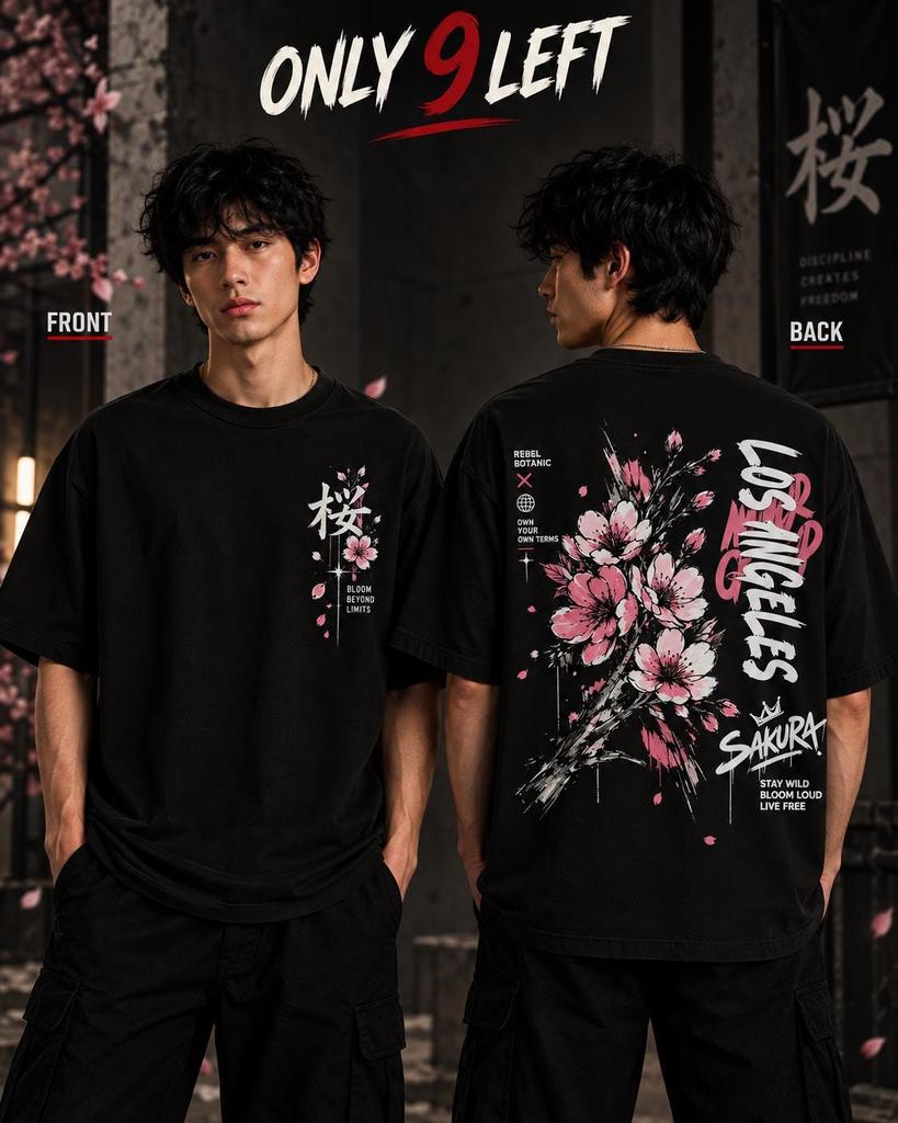 Japanese Sakura Blossom Oversized Streetwear Tee, Black Floral Graphic Shirt