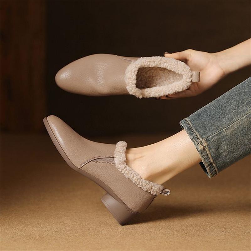 Mode Neue Herbst Winter Echtes Leder Damen Pumps Schuhe für Damen Mode Runde Zehen Warme Fellschuhe Zaptos Mujer Woll-Slipper Damen