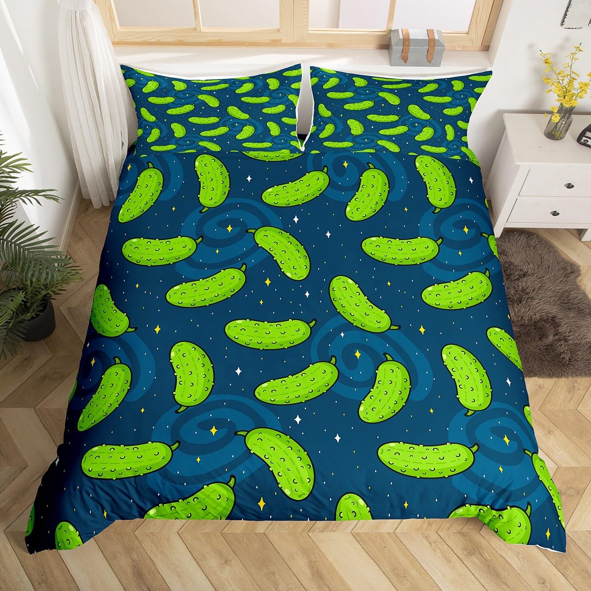 Funny Pickles Cucumber Bedding Set King Queen Green Food Bedding Duvet Cover Green Vegetable Comforter Cover with 2 Pillowcases EU Single(135x200cm)