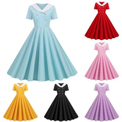 Women's Clashing Fashion V-Neck Double-Breasted Slim And Thin Retro Hem Dress