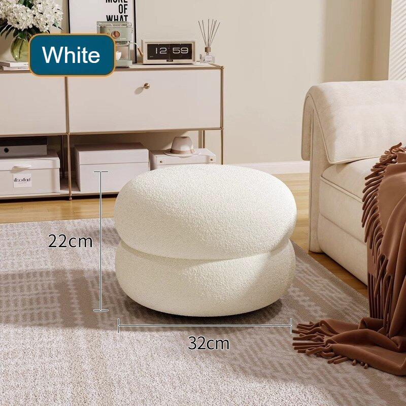 Modern Cream Round Stool - Low Seating for Living Room Sofa, Bedroom & Shoe Changing, Velvet Upholstered Home Decor Accent Piece
