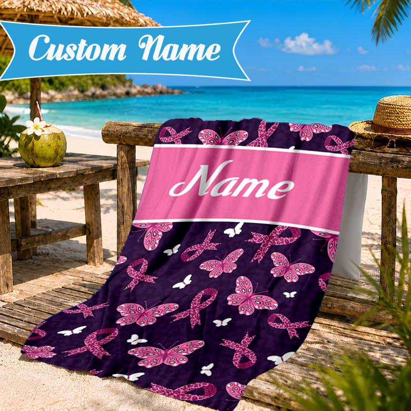 Custom Name Pink Ribbon Courage Beach Towel Microfiber Beach Towel, Lightweight and Quick-Dry, for Summer Travel, Swimming Pool Gift