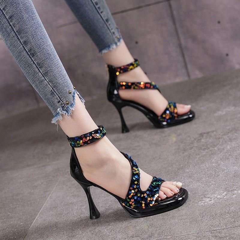 2025 Summer New Fashion Versatile Sequin Stiletto High Heel Waterproof Table Sandals Daily Skirt